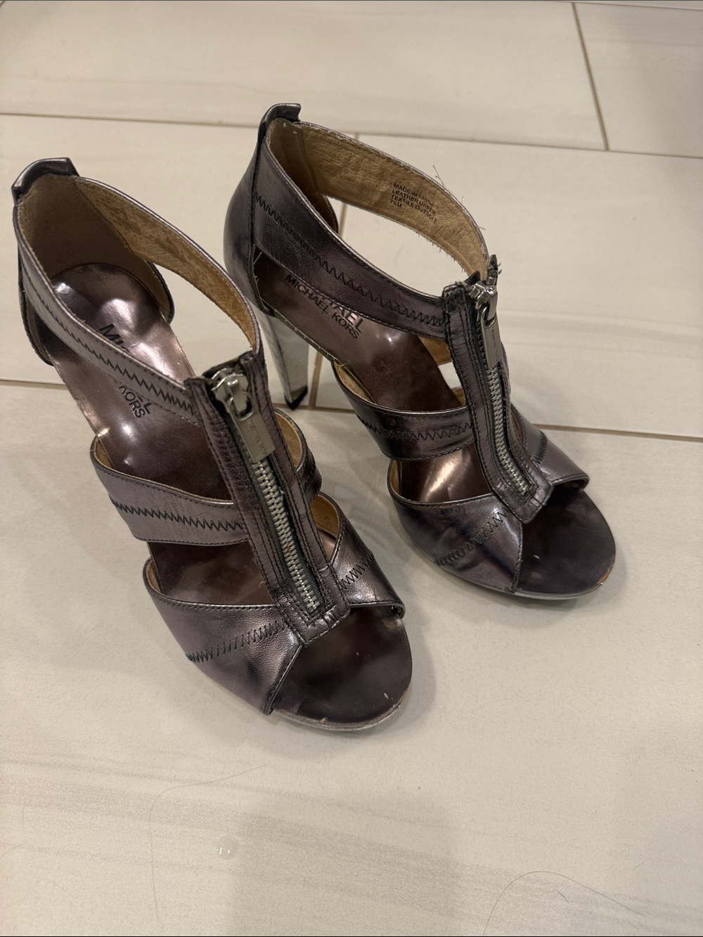 Michael Kors Metallic Gunmetal Strappy Zip-Heel Sandals